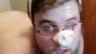Piggy fucking his ass and mouth at the same time