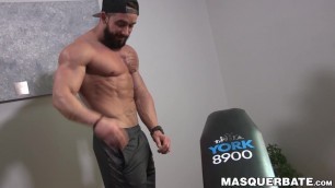 Bearded guy Zack Lemec shows off his muscles during jerk off