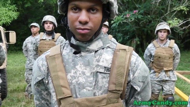 Ebony soldier fucked outdoors after sucking