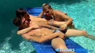 Three guys blowing hard cocks and pounding hole by the pool