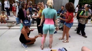 Hot lady strips naked in public for body painting part 2