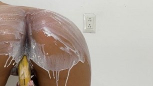 my stepsister plays with a banana and whipped cream until she squirts - fetish