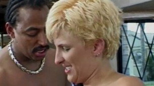 Husband watches his horny blonde wife suck off two hung black guys and fuck