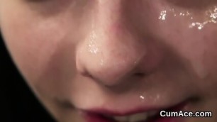 Nasty Bombshell Gets Cum Load On Her Face Swallowing All The Semen